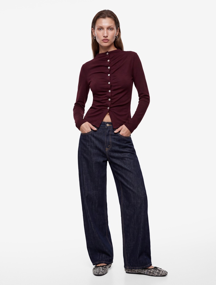  Slim Fit Uzun Kollu Dik Yaka Drapeli Düğmeli Bluz