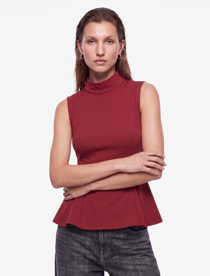  Slim Fit Fermuarlı Dik Yaka Kolsuz Peplum Bluz