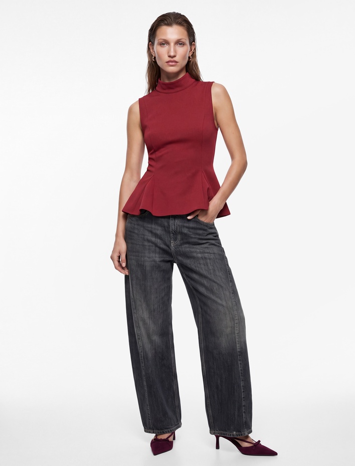  Slim Fit Fermuarlı Dik Yaka Kolsuz Peplum Bluz
