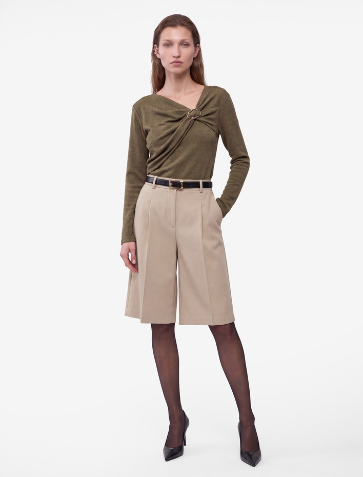  Slim Fit V Yaka Uzun Kollu Aksesuarlı Düğüm Detaylı Bluz