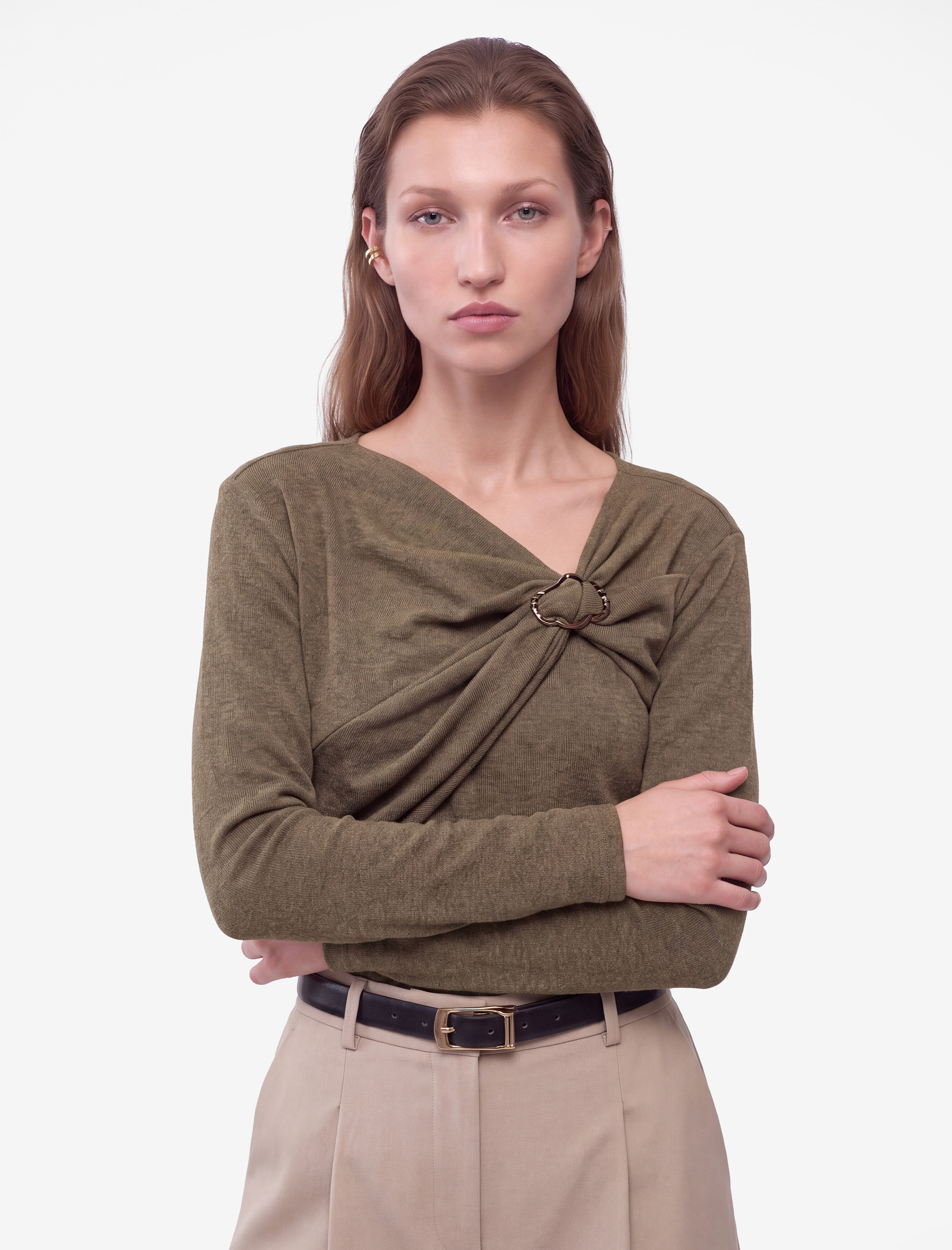   Slim Fit V Yaka Uzun Kollu Aksesuarlı Düğüm Detaylı Bluz