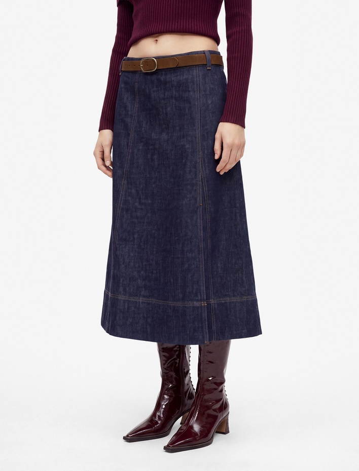 Pamuklu Normal Bel Kemerli Uzun Denim Etek