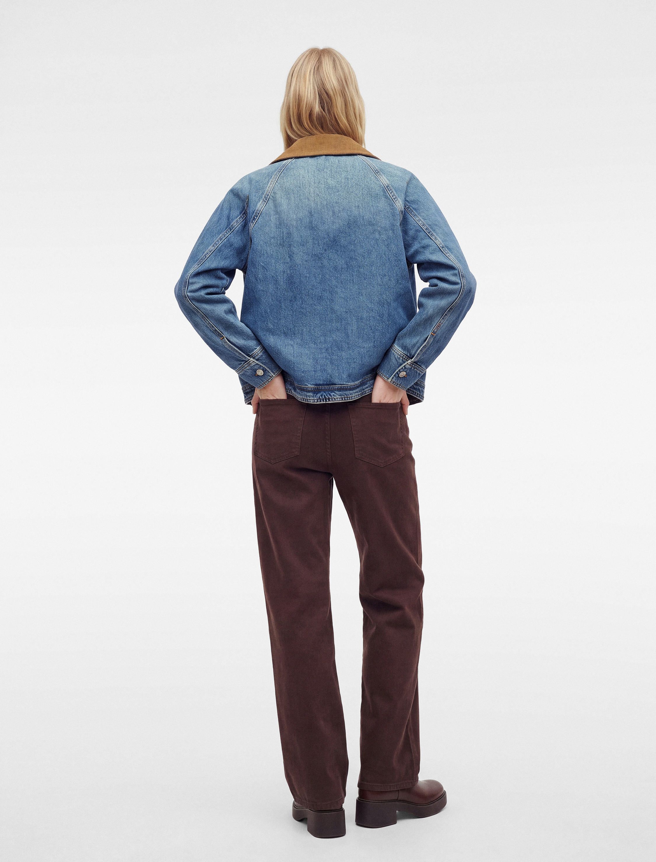   Metal Kopçalı Klasik Kadife Yaka Uzun Kollu Fermuarlı Denim Ceket