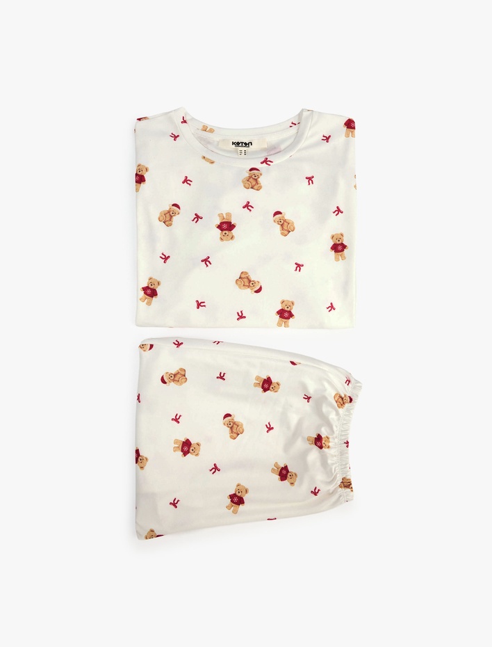  Rahat Kesim Uzun Kollu Bisiklet Yaka Ayıcık Baskılı Pijama Takımı