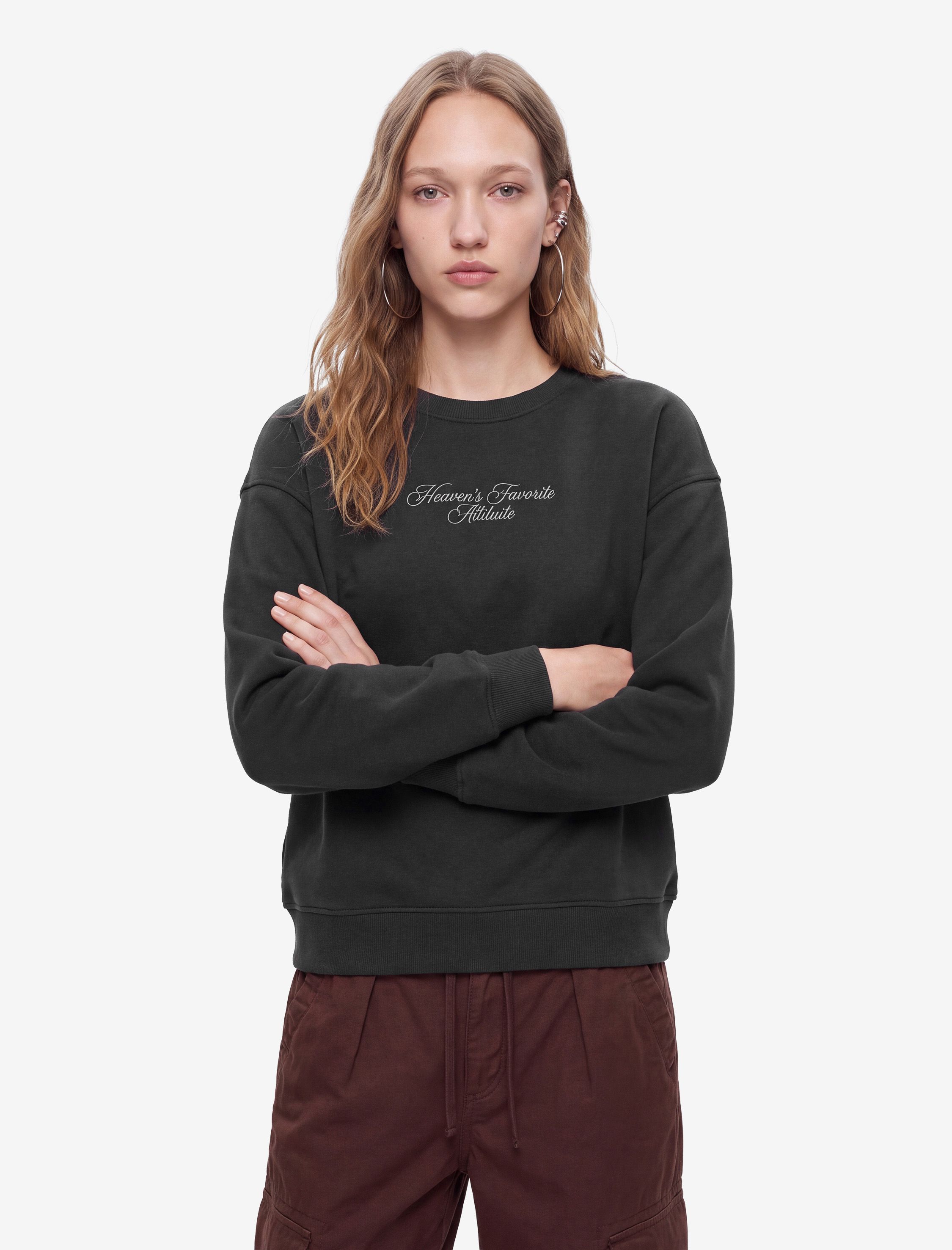   Rahat Kalıp Şardonlu Bisiklet Yaka Uzun Kollu Arkası Kanat Baskılı Sweatshirt