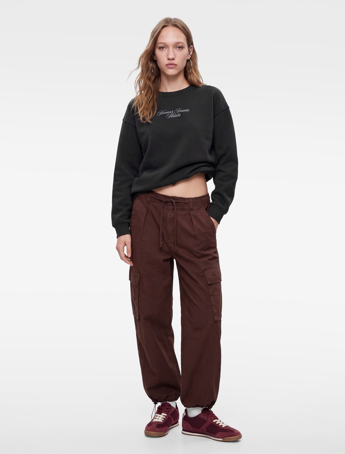  Rahat Kalıp Şardonlu Bisiklet Yaka Uzun Kollu Arkası Kanat Baskılı Sweatshirt