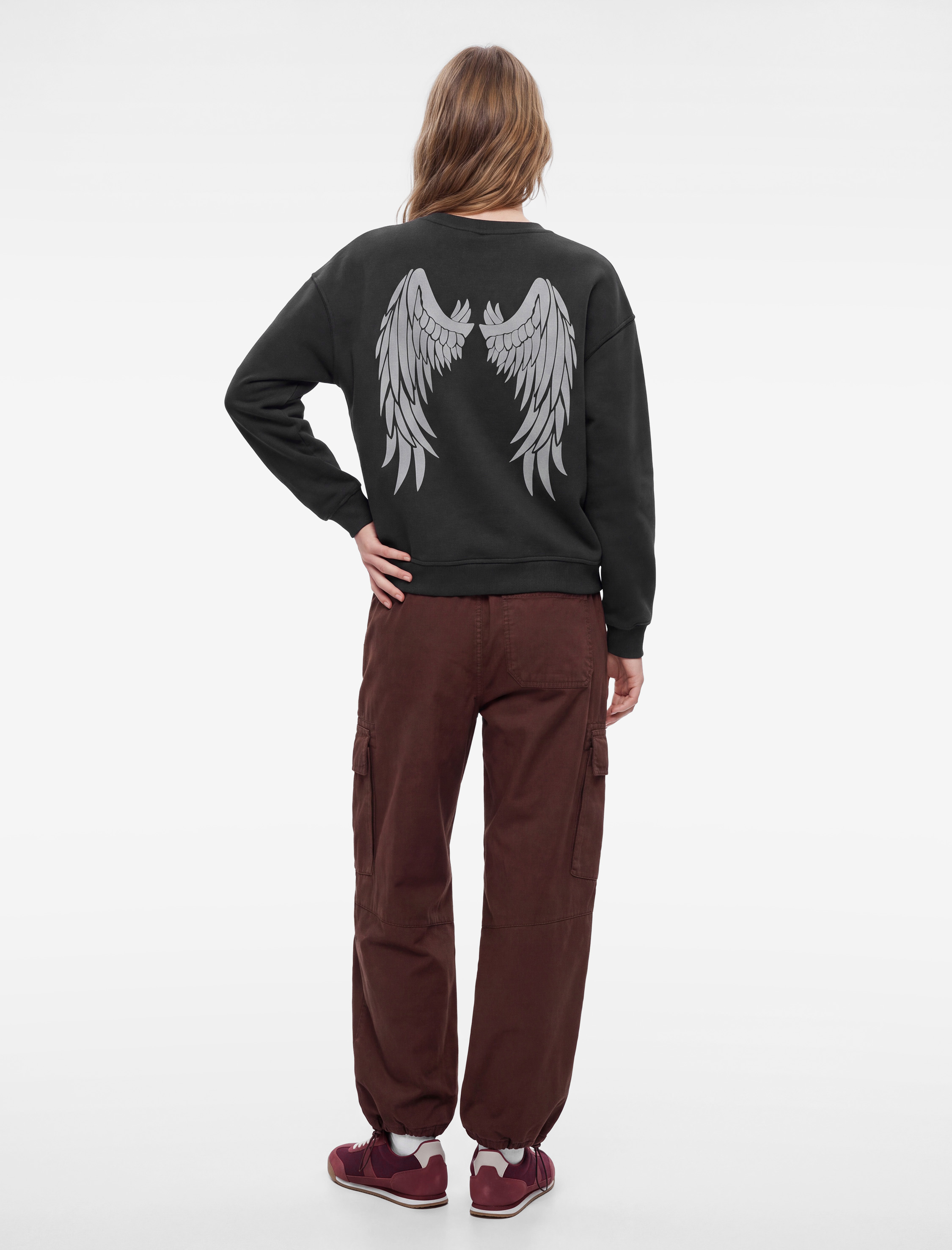   Rahat Kalıp Şardonlu Bisiklet Yaka Uzun Kollu Arkası Kanat Baskılı Sweatshirt