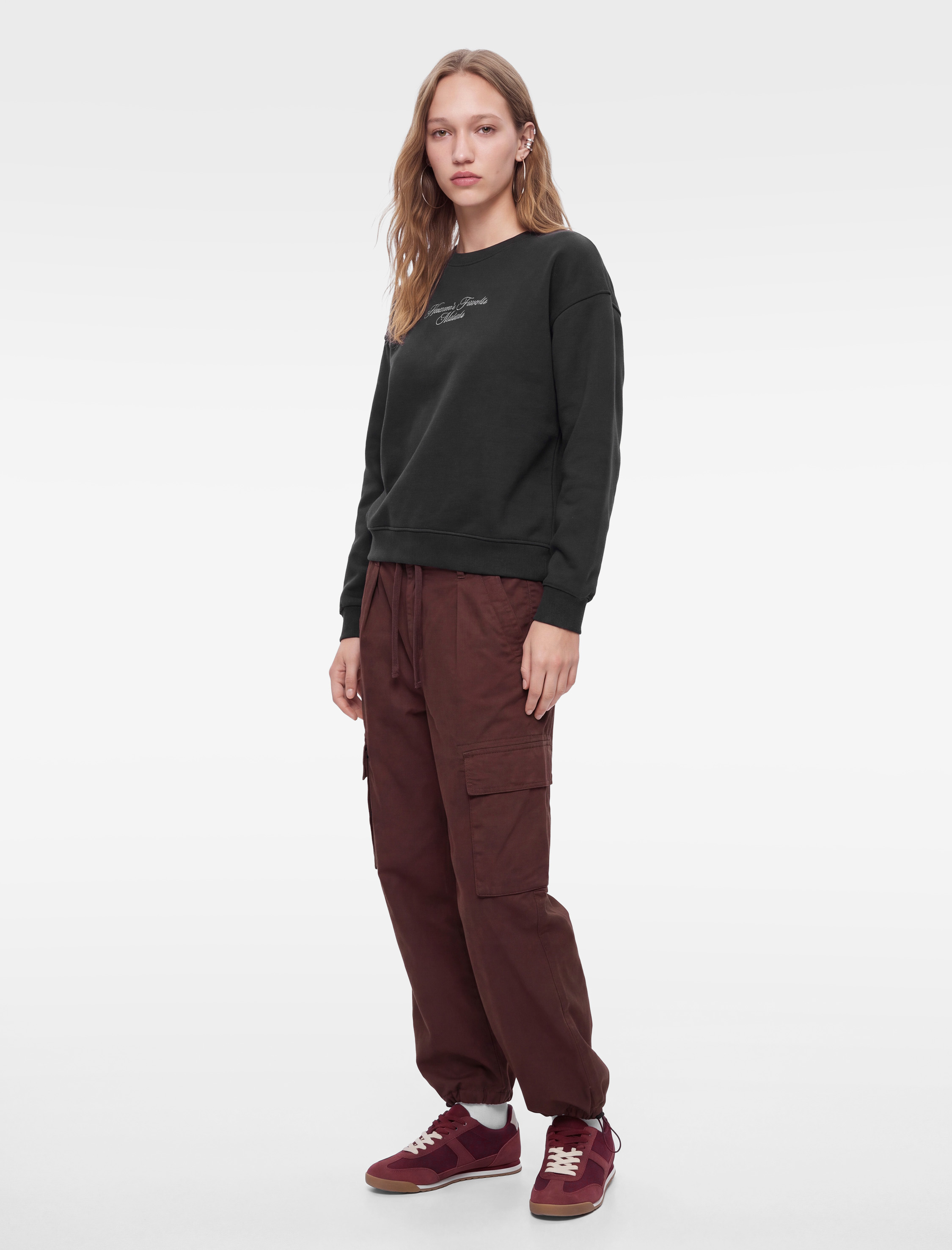   Rahat Kalıp Şardonlu Bisiklet Yaka Uzun Kollu Arkası Kanat Baskılı Sweatshirt