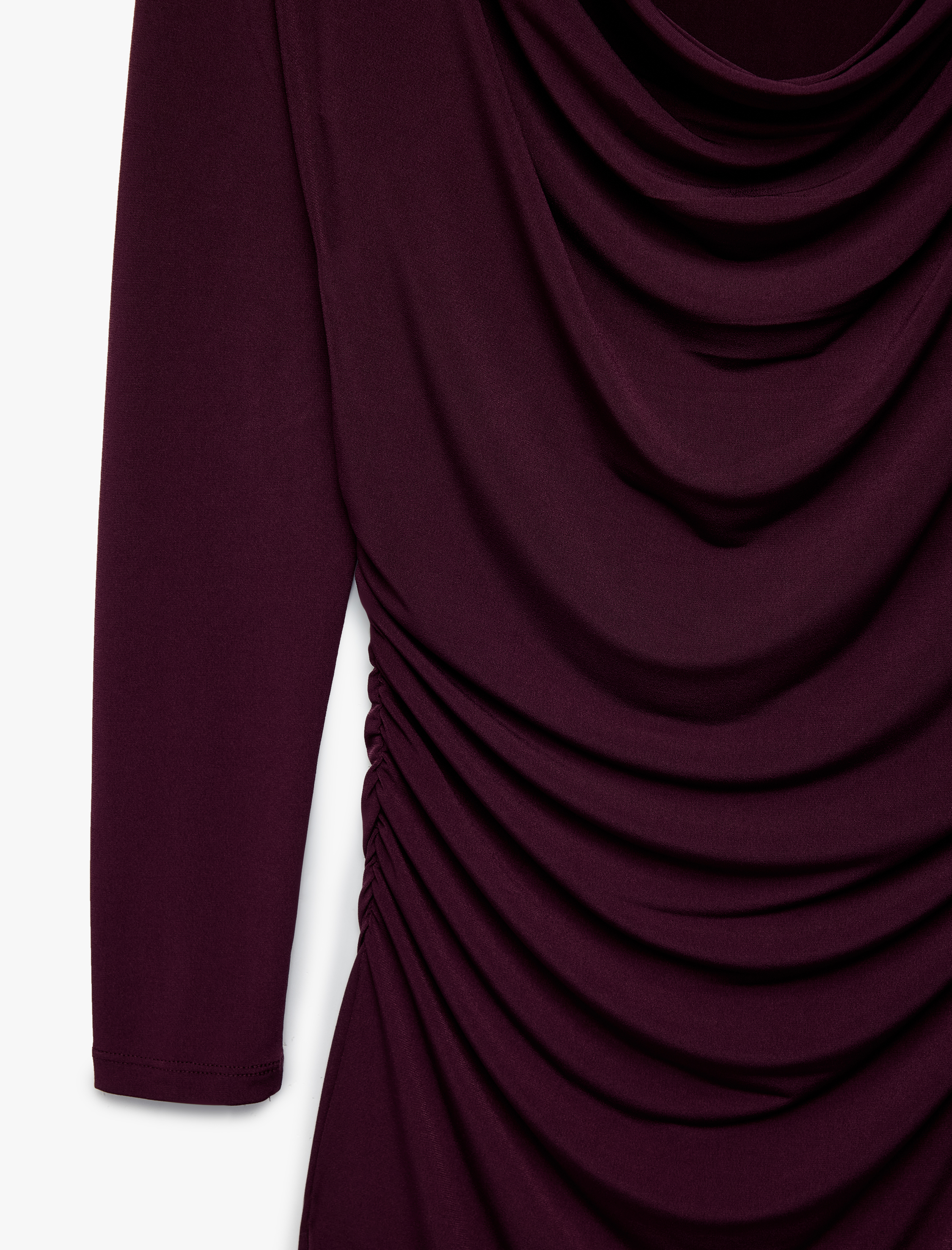   Drapeli Slim Fit Degaje Yaka Uzun Kollu Midi Elbise