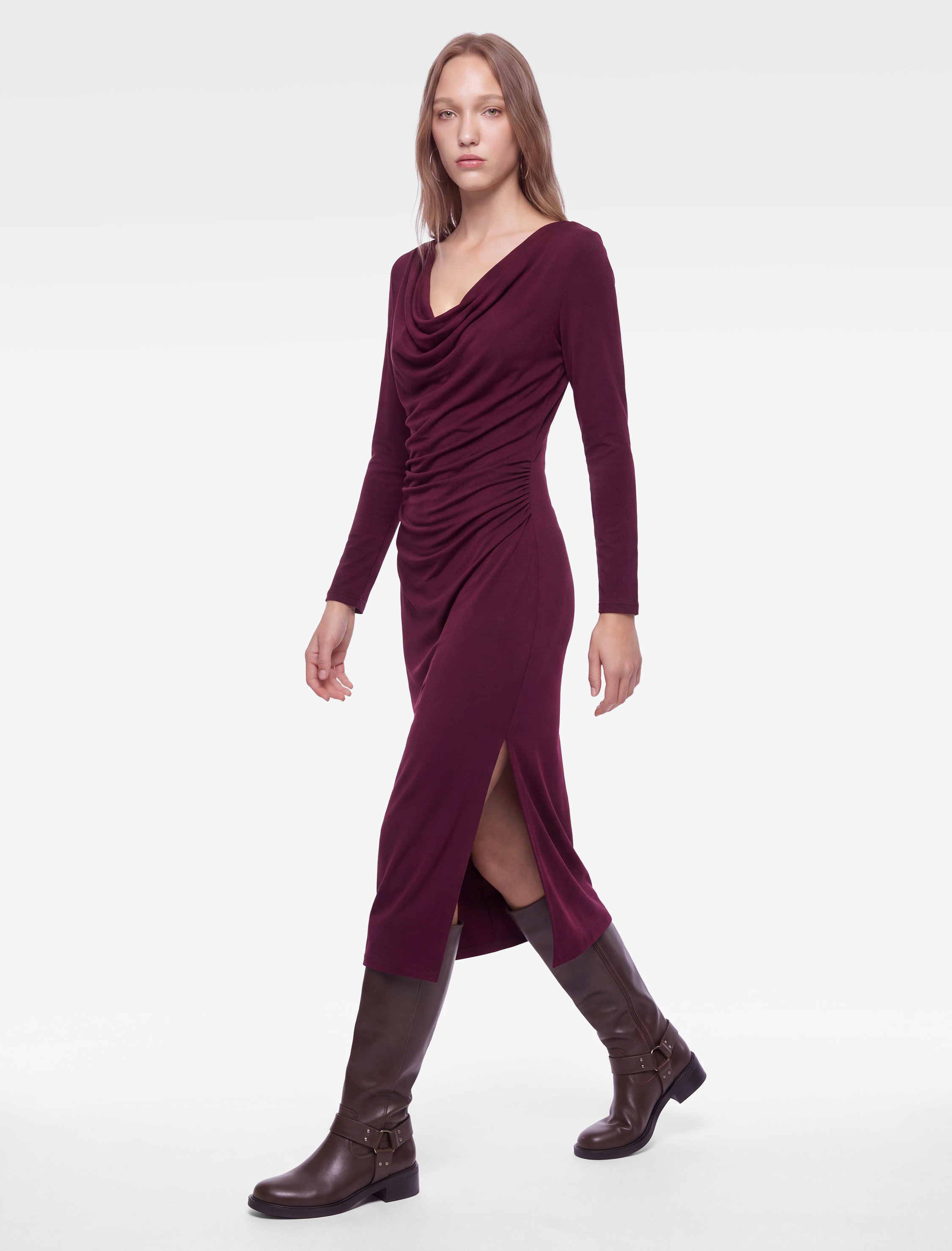   Drapeli Slim Fit Degaje Yaka Uzun Kollu Midi Elbise