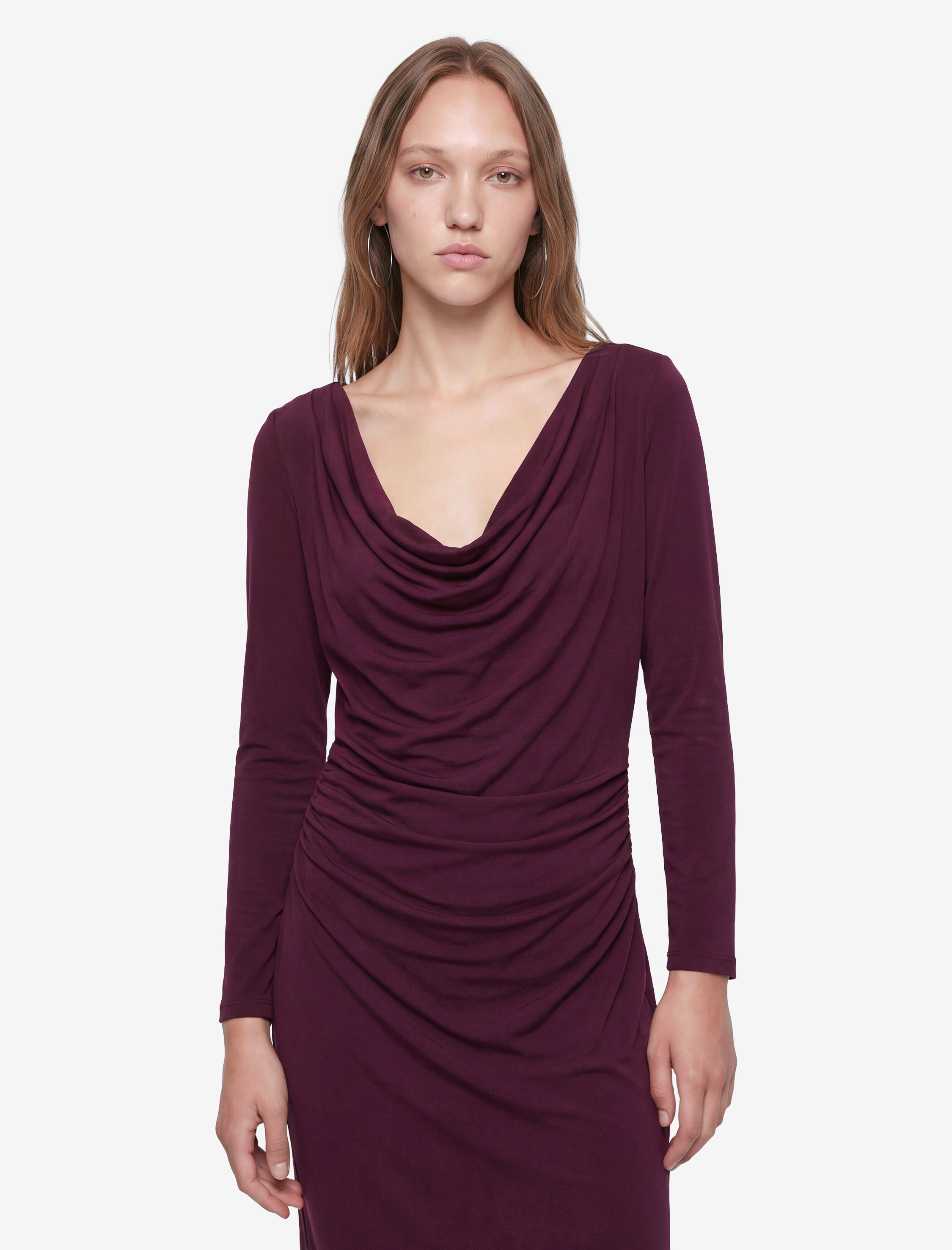   Drapeli Slim Fit Degaje Yaka Uzun Kollu Midi Elbise