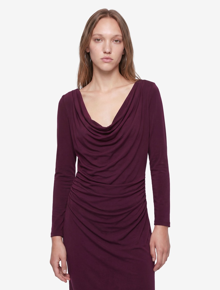  Drapeli Slim Fit Degaje Yaka Uzun Kollu Midi Elbise
