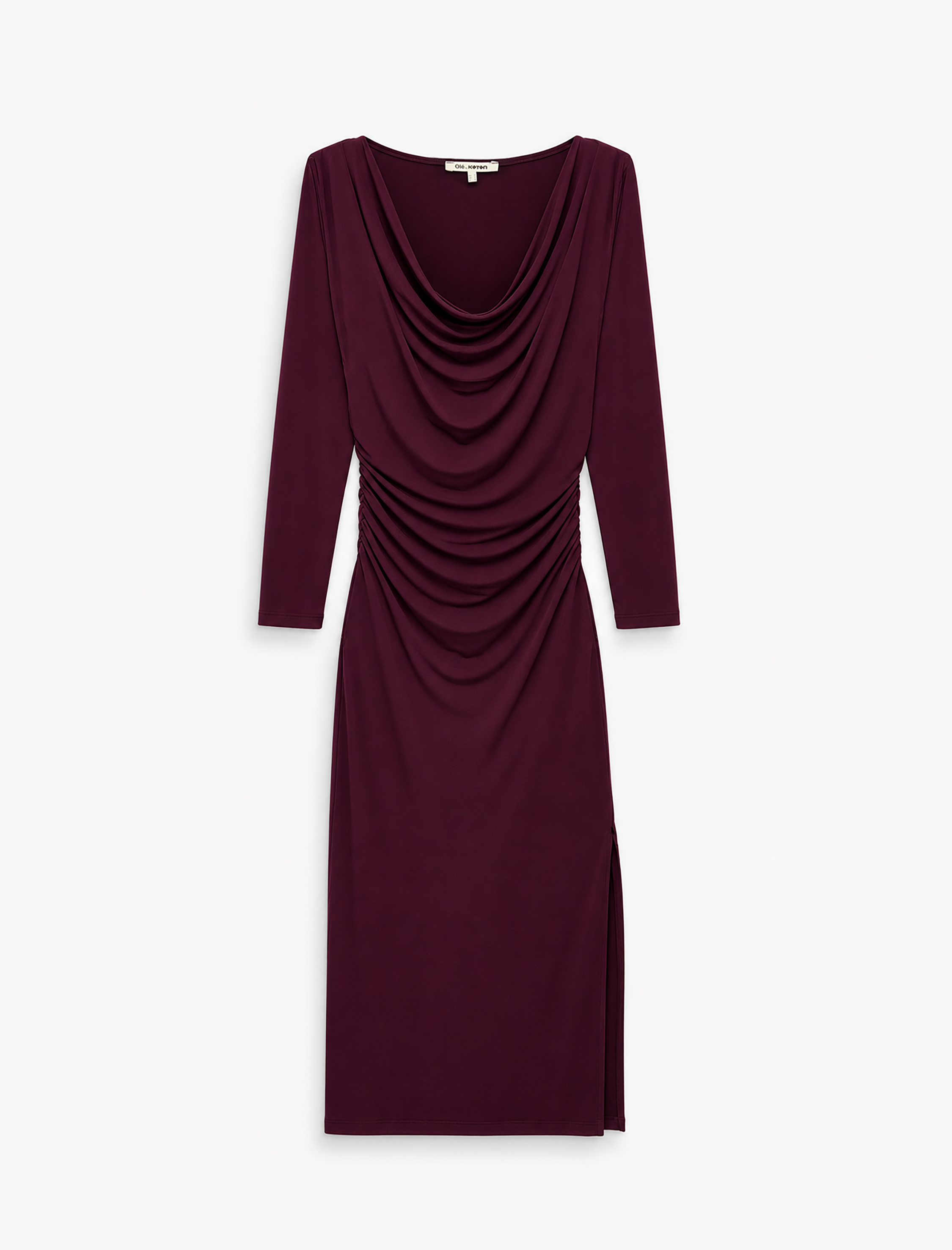  Drapeli Slim Fit Degaje Yaka Uzun Kollu Midi Elbise