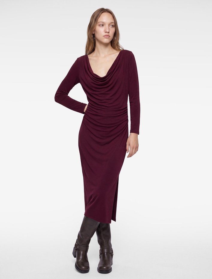  Drapeli Slim Fit Degaje Yaka Uzun Kollu Midi Elbise