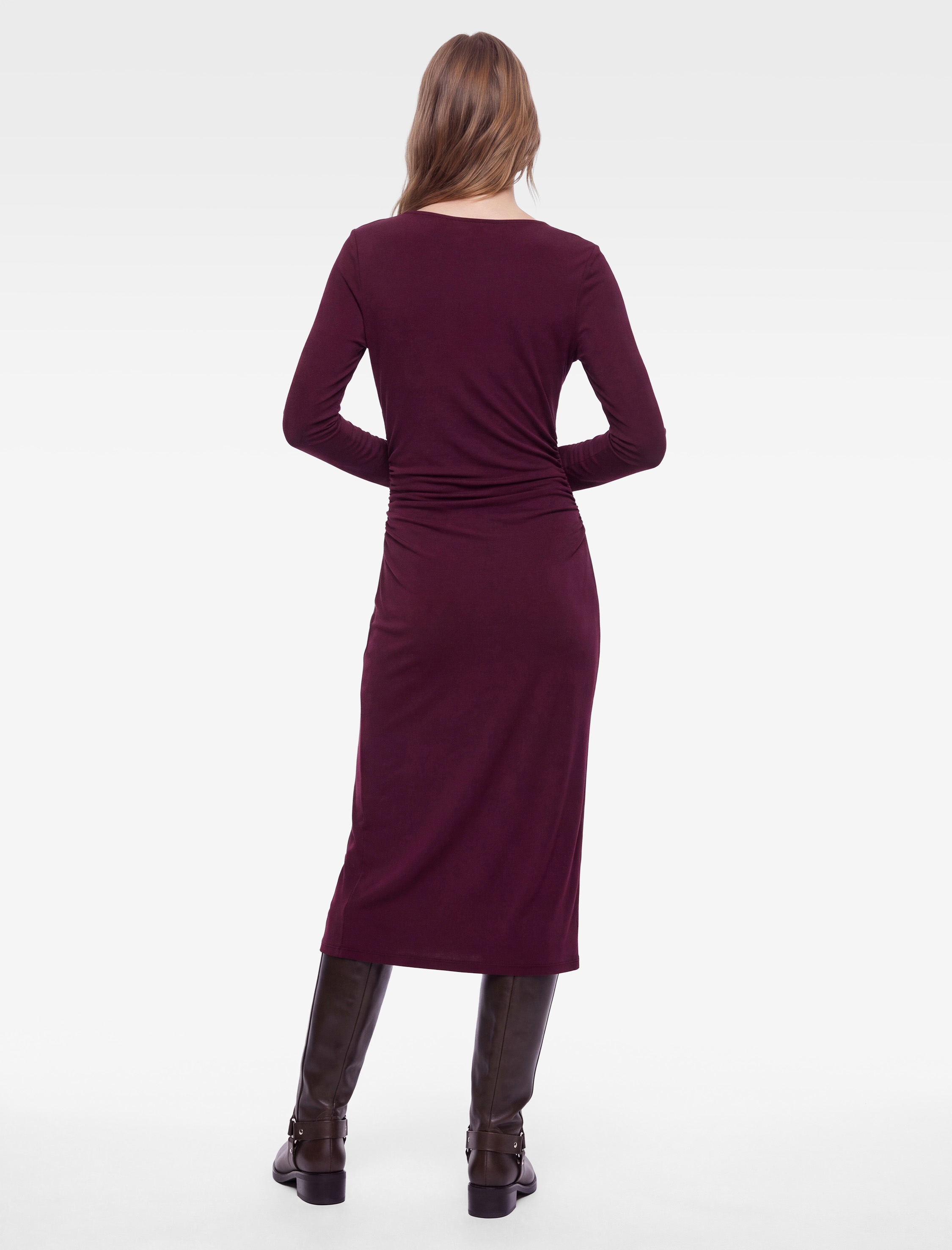   Drapeli Slim Fit Degaje Yaka Uzun Kollu Midi Elbise