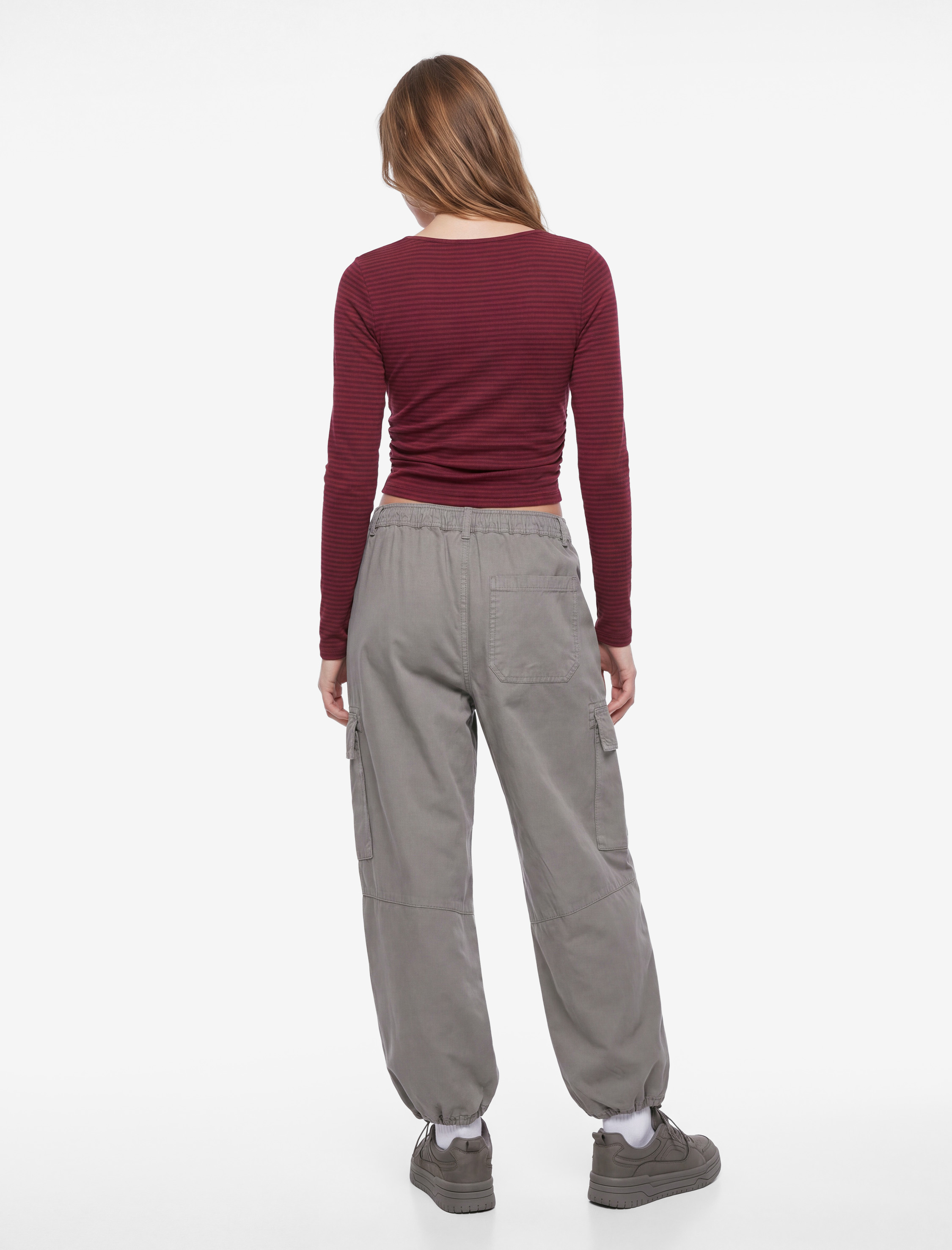   Pamuklu Slim Fit Büzgülü Kayık Yaka Uzun Kollu Çizgili Tişört