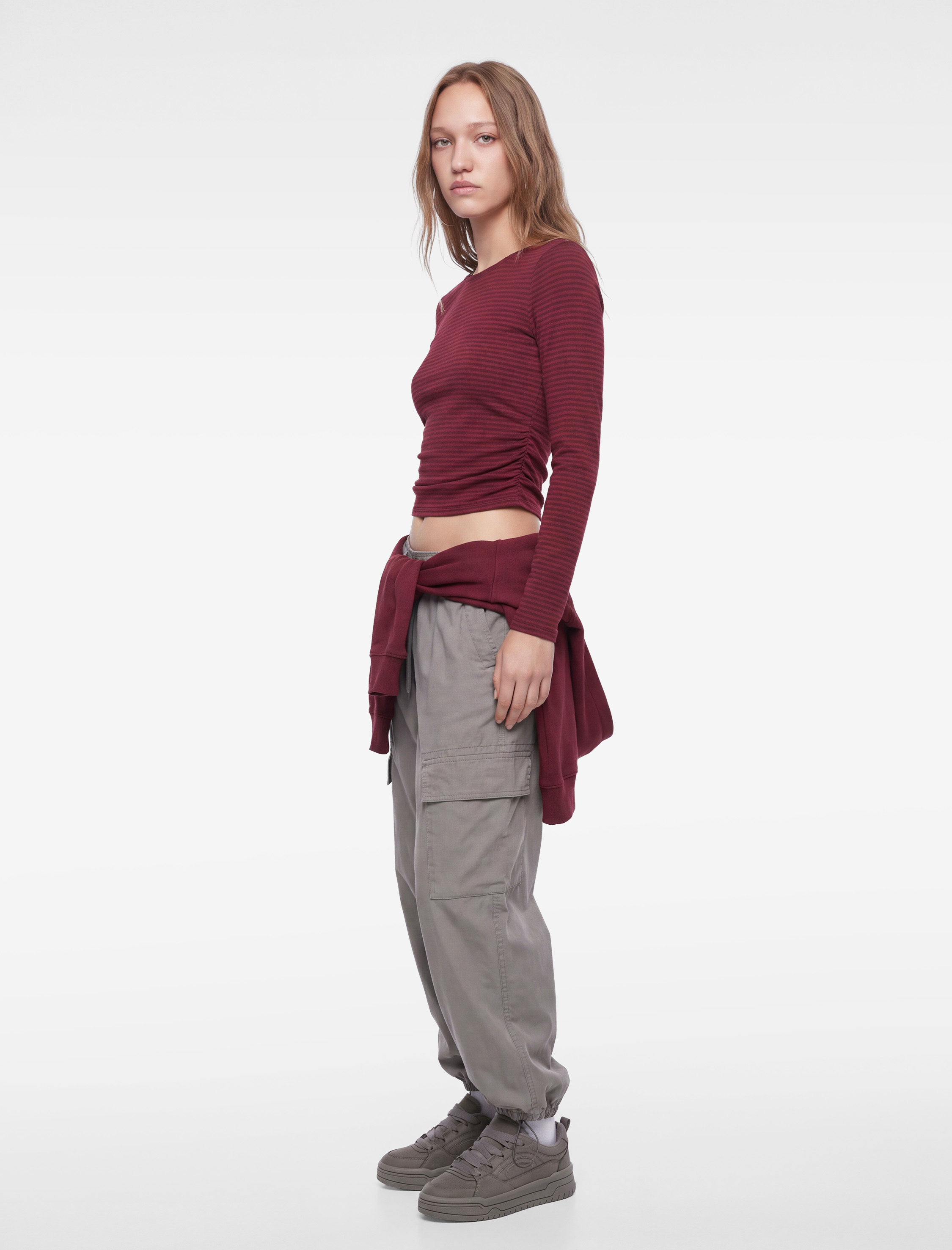   Pamuklu Slim Fit Büzgülü Kayık Yaka Uzun Kollu Çizgili Tişört