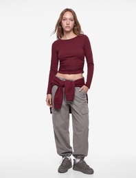Pamuklu Slim Fit Büzgülü Kayık Yaka Uzun Kollu Çizgili Tişört