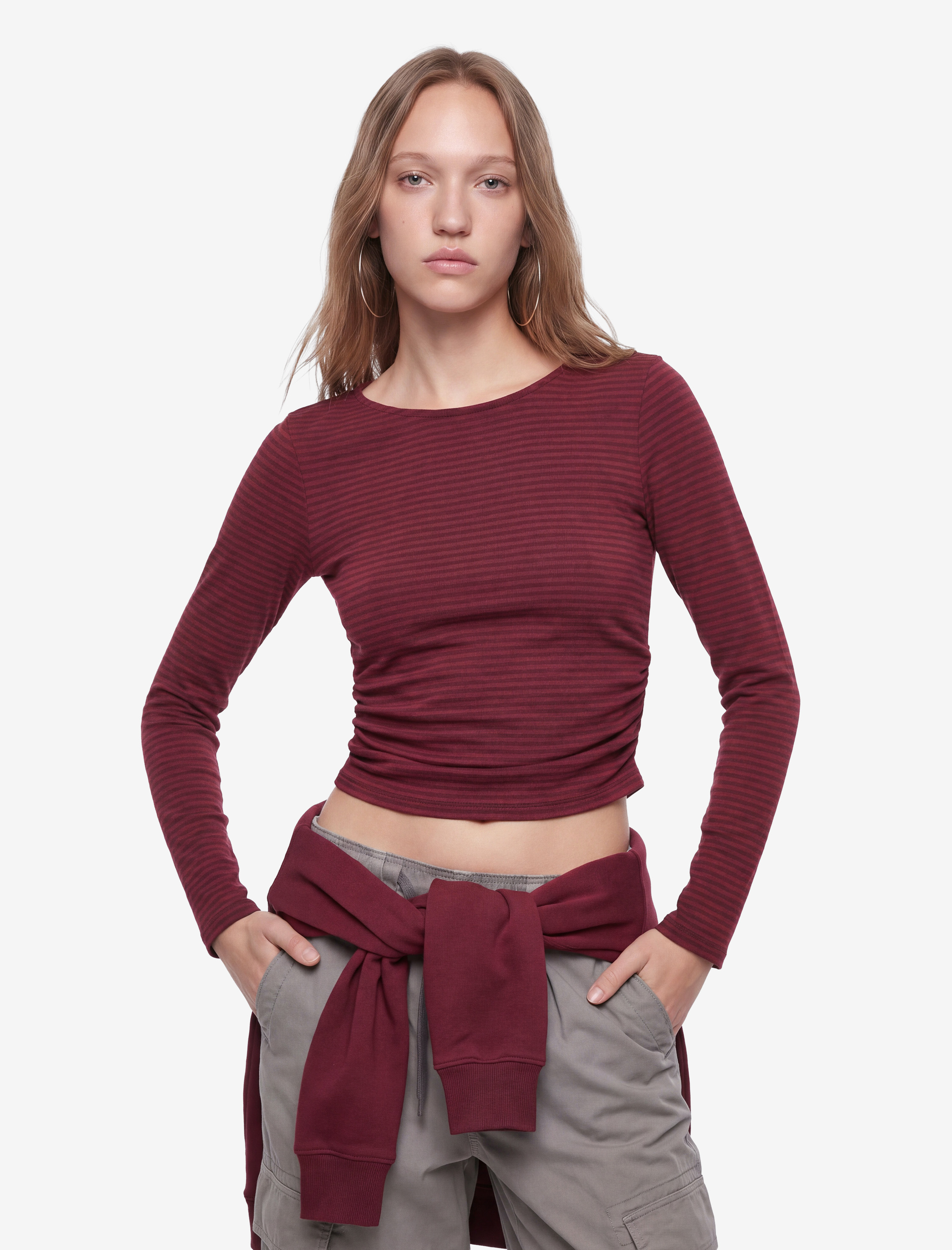   Pamuklu Slim Fit Büzgülü Kayık Yaka Uzun Kollu Çizgili Tişört