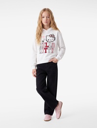 Şardonlu Uzun Kollu Lisanslı Hello Kitty Baskılı Kapşonlu Sweatshirt