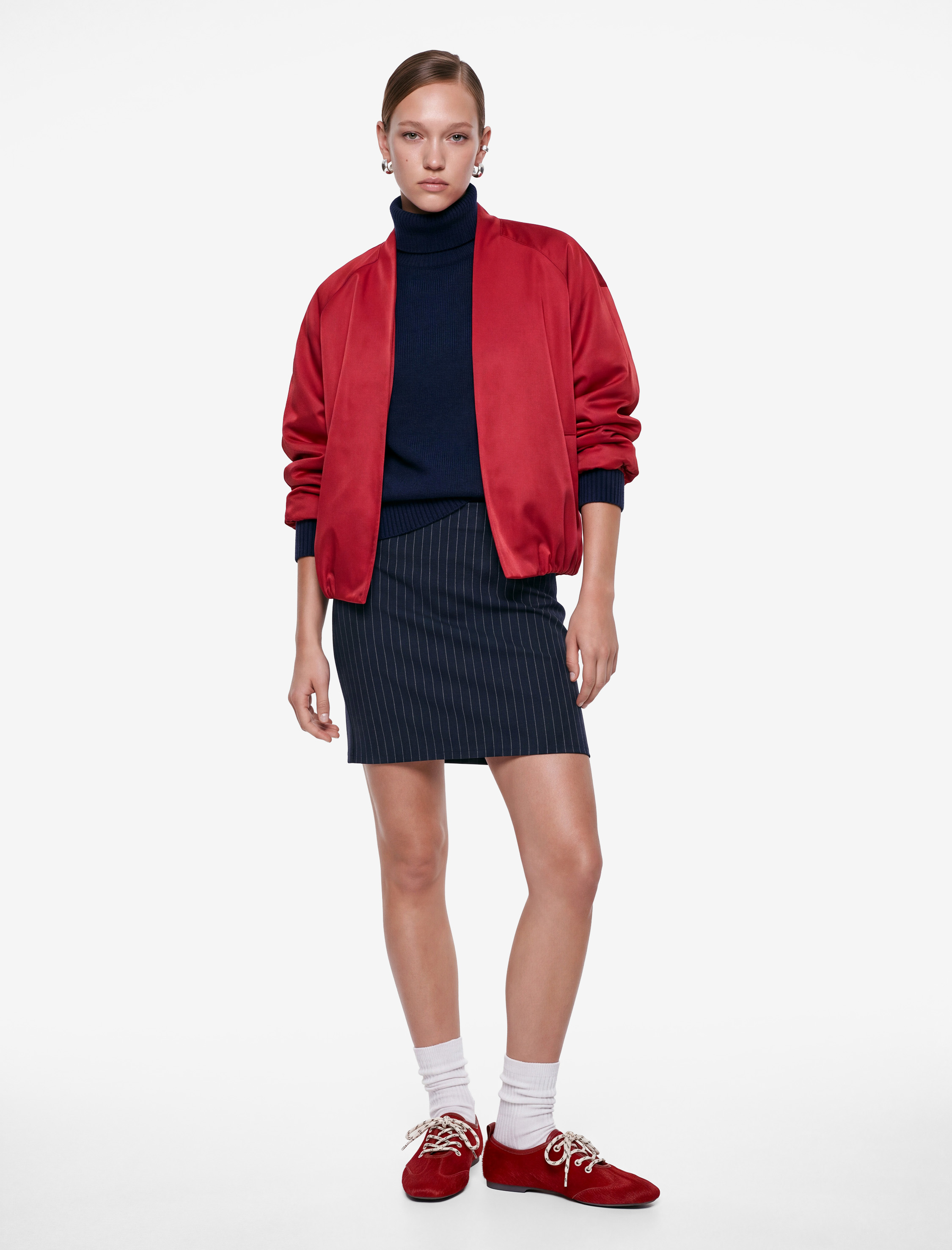   Yırtmaçlı Slim Fit Çizgili Midi Etek