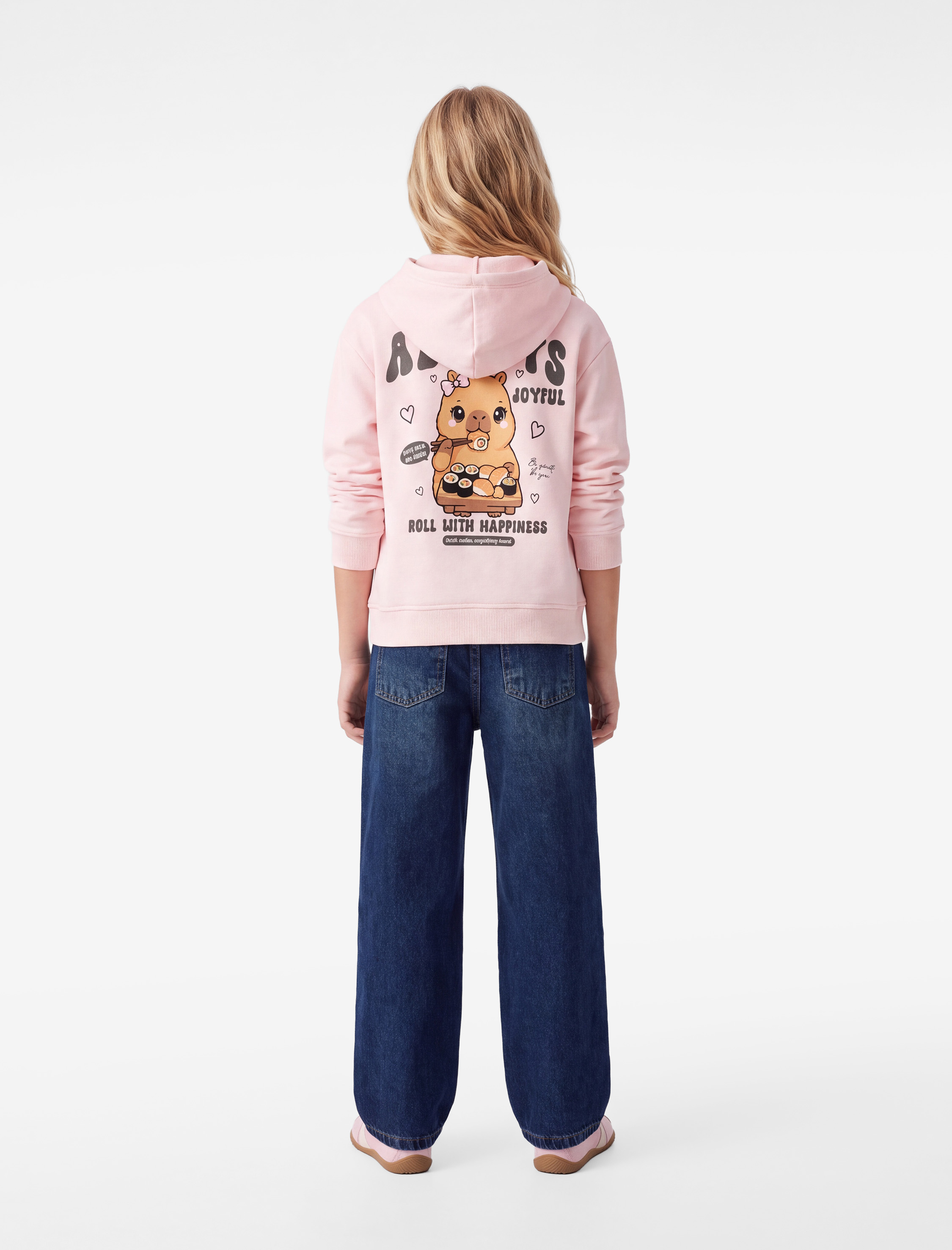  Kız Çocuk Üç İplik Şardonlu Kapşonlu Uzun Kollu Ayıcık Baskılı Sweatshirt