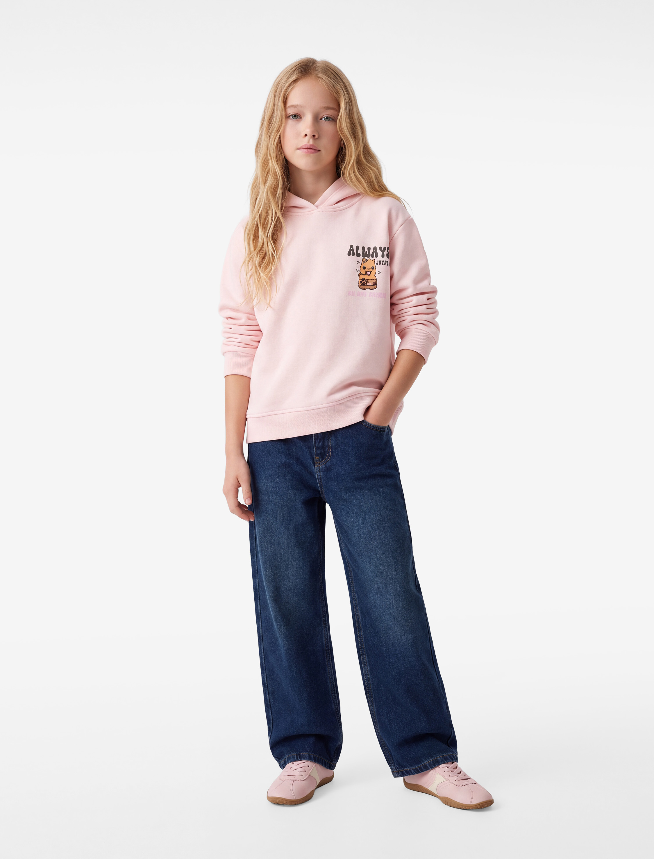  Kız Çocuk Üç İplik Şardonlu Kapşonlu Uzun Kollu Ayıcık Baskılı Sweatshirt