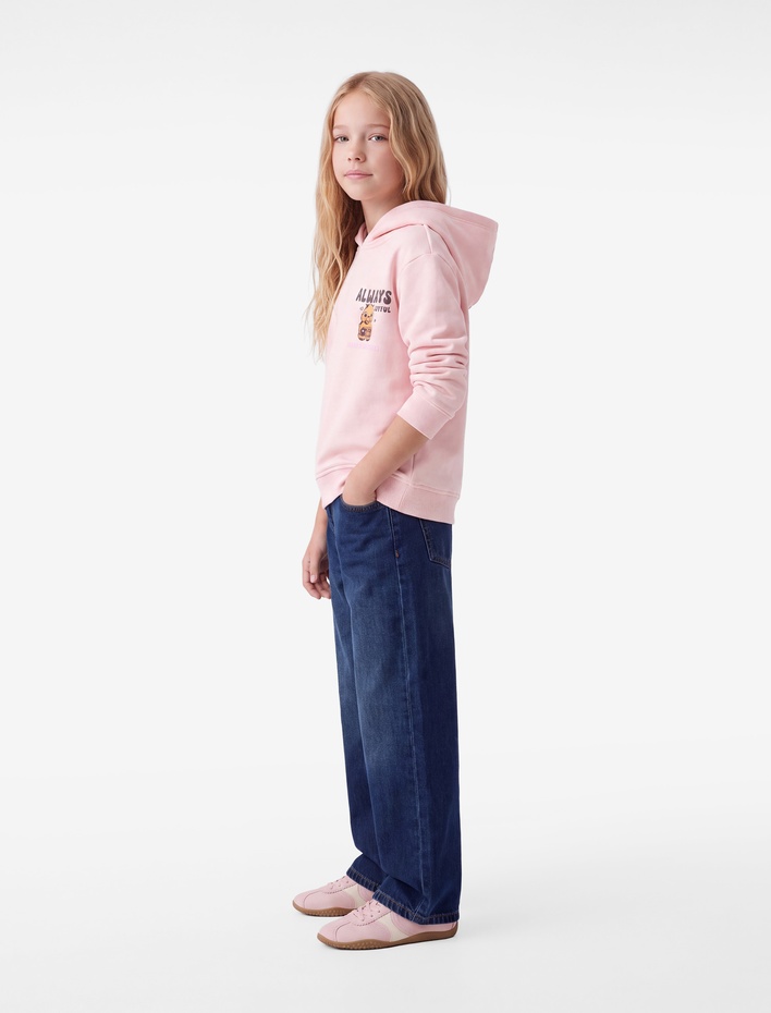 Kız Çocuk Üç İplik Şardonlu Kapşonlu Uzun Kollu Ayıcık Baskılı Sweatshirt