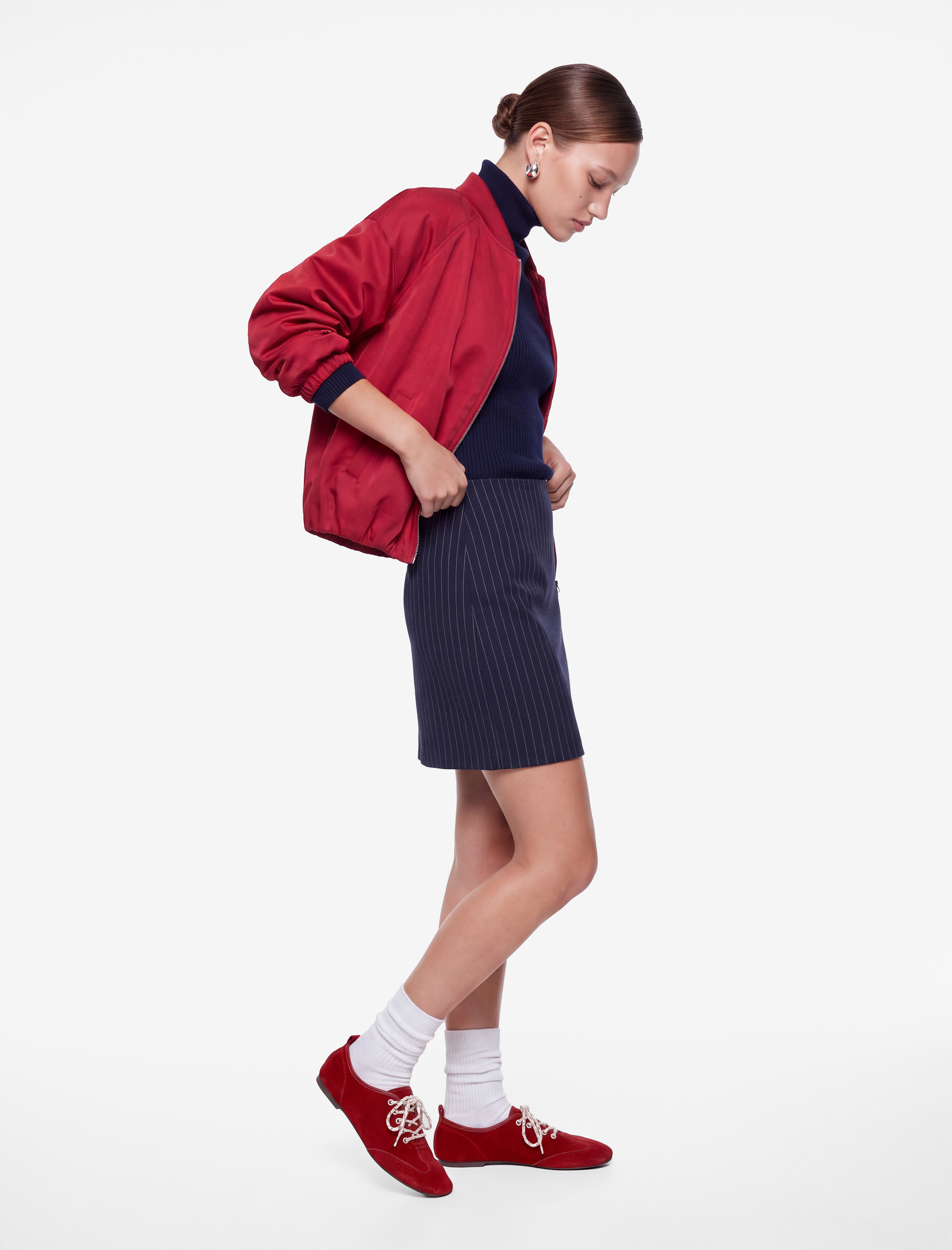   Yırtmaçlı Slim Fit Çizgili Midi Etek