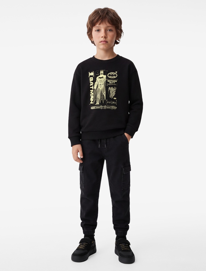 Erkek Çocuk Batman Lisanslı Baskılı Uzun Kollu Bisiklet Yaka Üç İplik Şardonlu Sweatshirt