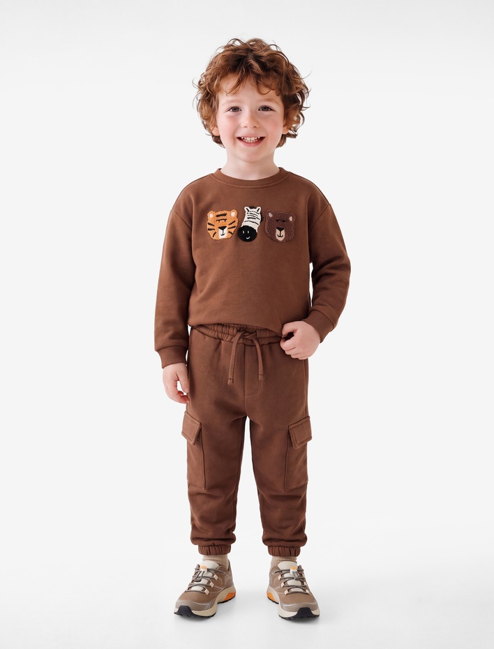 Erkek Bebek Üç İplik Şardonlu Kargo Cepli Beli Lastikli Jogger Eşofman Altı