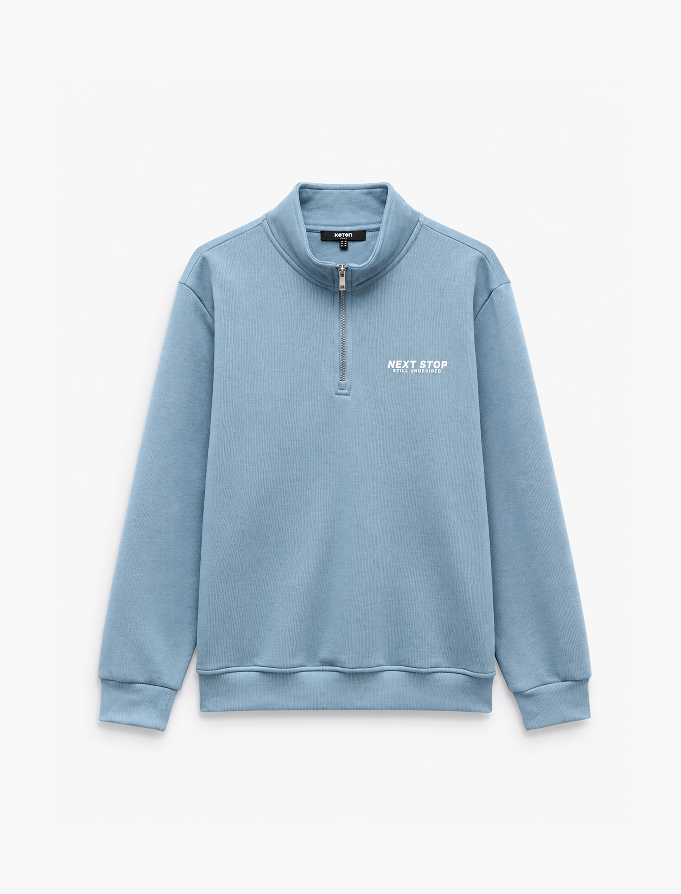   Uzun Kollu Üç İplik Şardonlu Yarım Fermuarlı Baskılı Sweatshirt