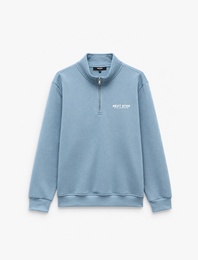 Uzun Kollu Üç İplik Şardonlu Yarım Fermuarlı Baskılı Sweatshirt