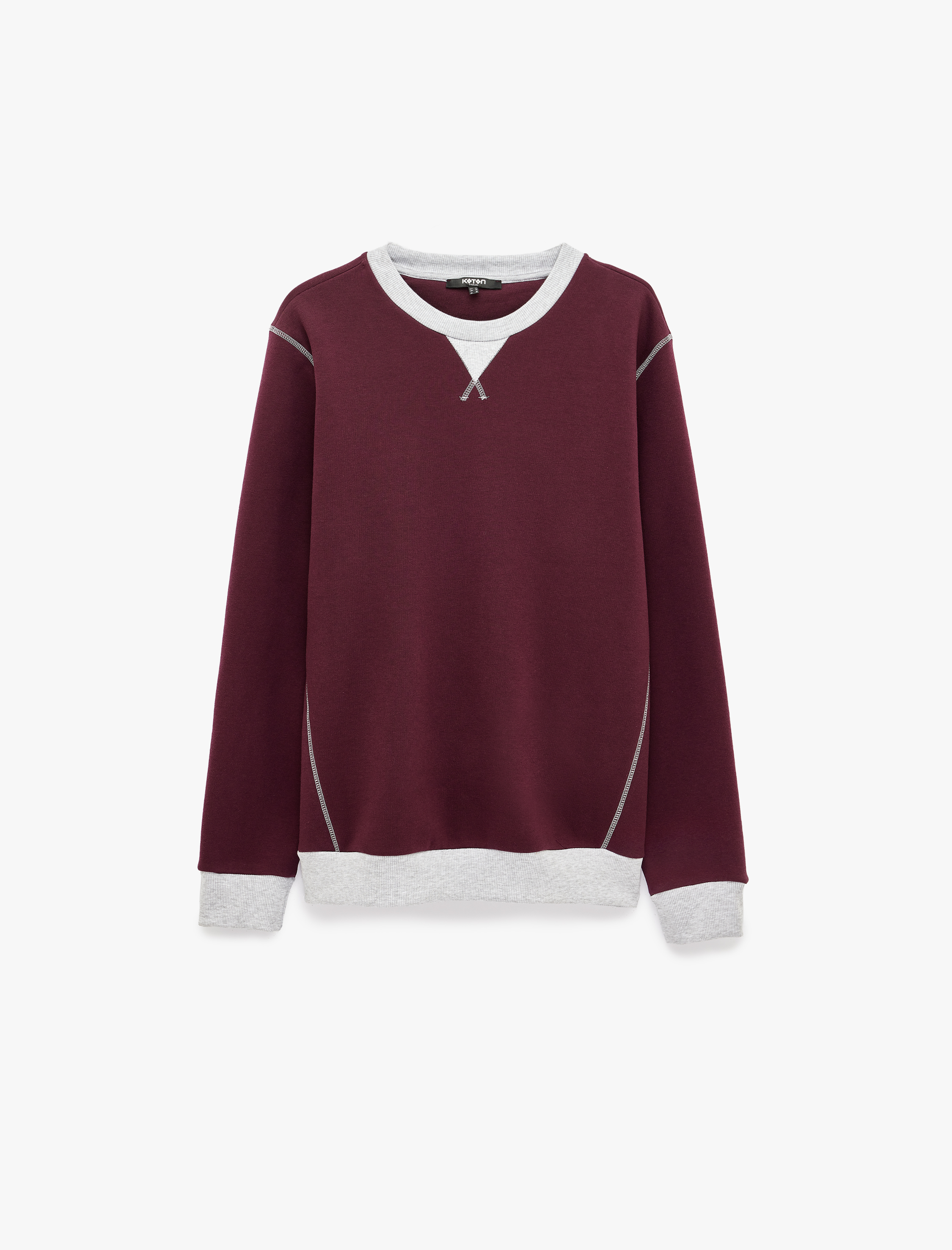   Şardonlu Renk Kontrastlı Dikiş Detaylı Bisiklet Yaka Sweatshirt