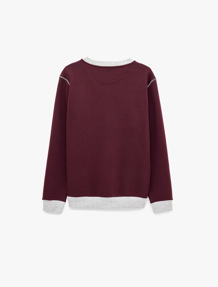  Şardonlu Renk Kontrastlı Dikiş Detaylı Bisiklet Yaka Sweatshirt