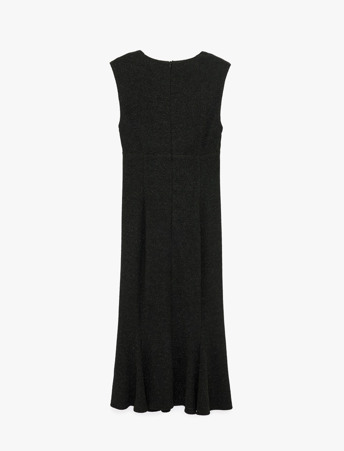  Simli Slim Fit Kalp Yaka Kolsuz Volanlı Uzun Kalem Elbise