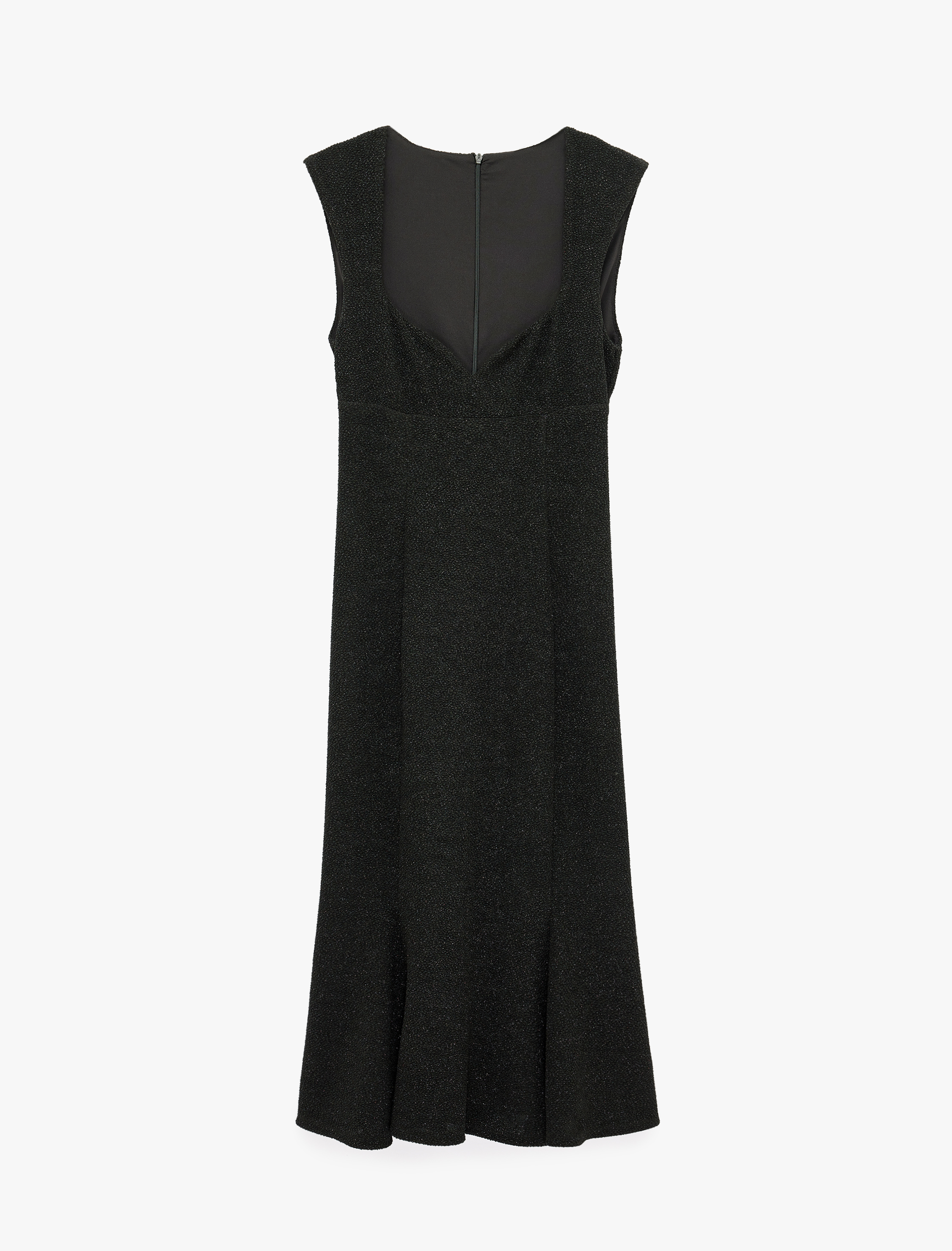   Simli Slim Fit Kalp Yaka Kolsuz Volanlı Uzun Kalem Elbise