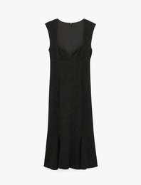 Simli Slim Fit Kalp Yaka Kolsuz Volanlı Uzun Kalem Elbise