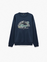 Şardonlu Oversize Bisiklet Yaka Uzun Kollu Baskılı Sweatshirt