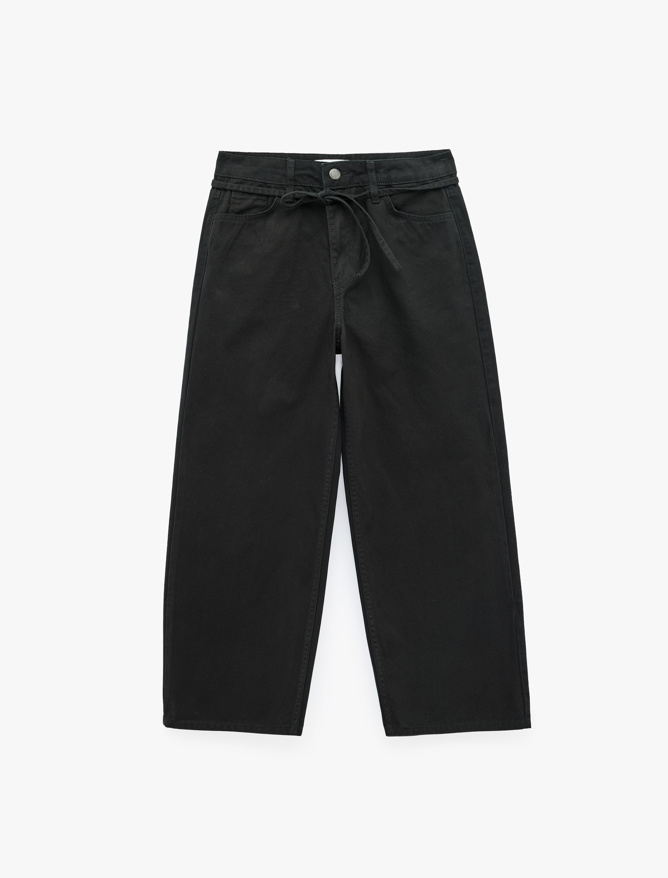  Normal Bel Pamuklu Kemerli Kısa Geniş Paça Denim Pantolon - Wide Leg Jeans