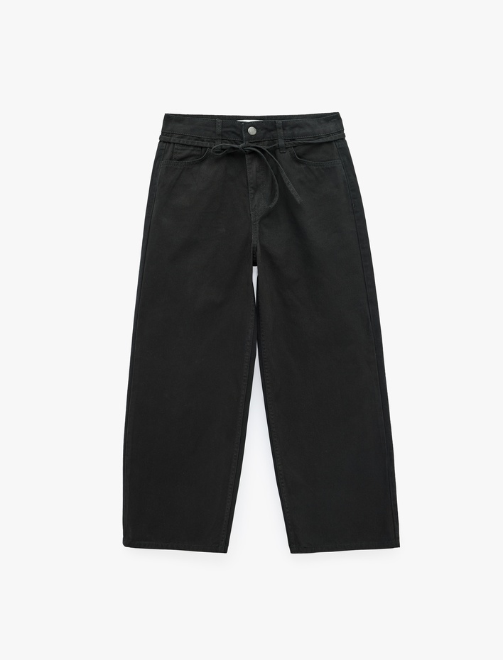  Normal Bel Pamuklu Kemerli Kısa Geniş Paça Denim Pantolon - Wide Leg Jeans