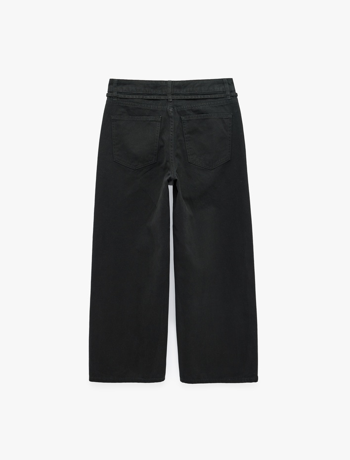  Normal Bel Pamuklu Kemerli Kısa Geniş Paça Denim Pantolon - Wide Leg Jeans