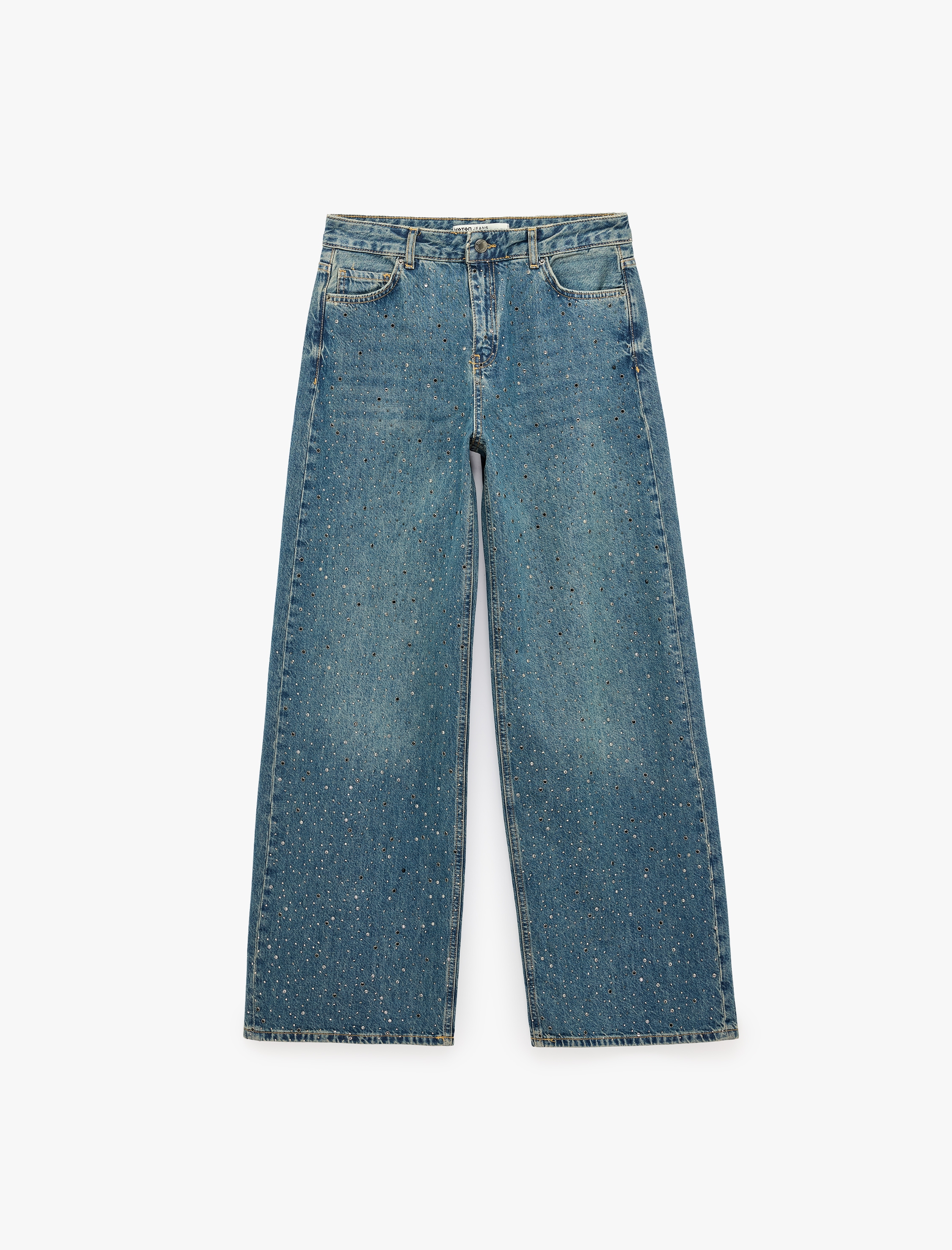   Bol Kesim Pamuklu Cepli Düğmeli Taşlı Denim Pantolon - Loose Straight Fit Jean