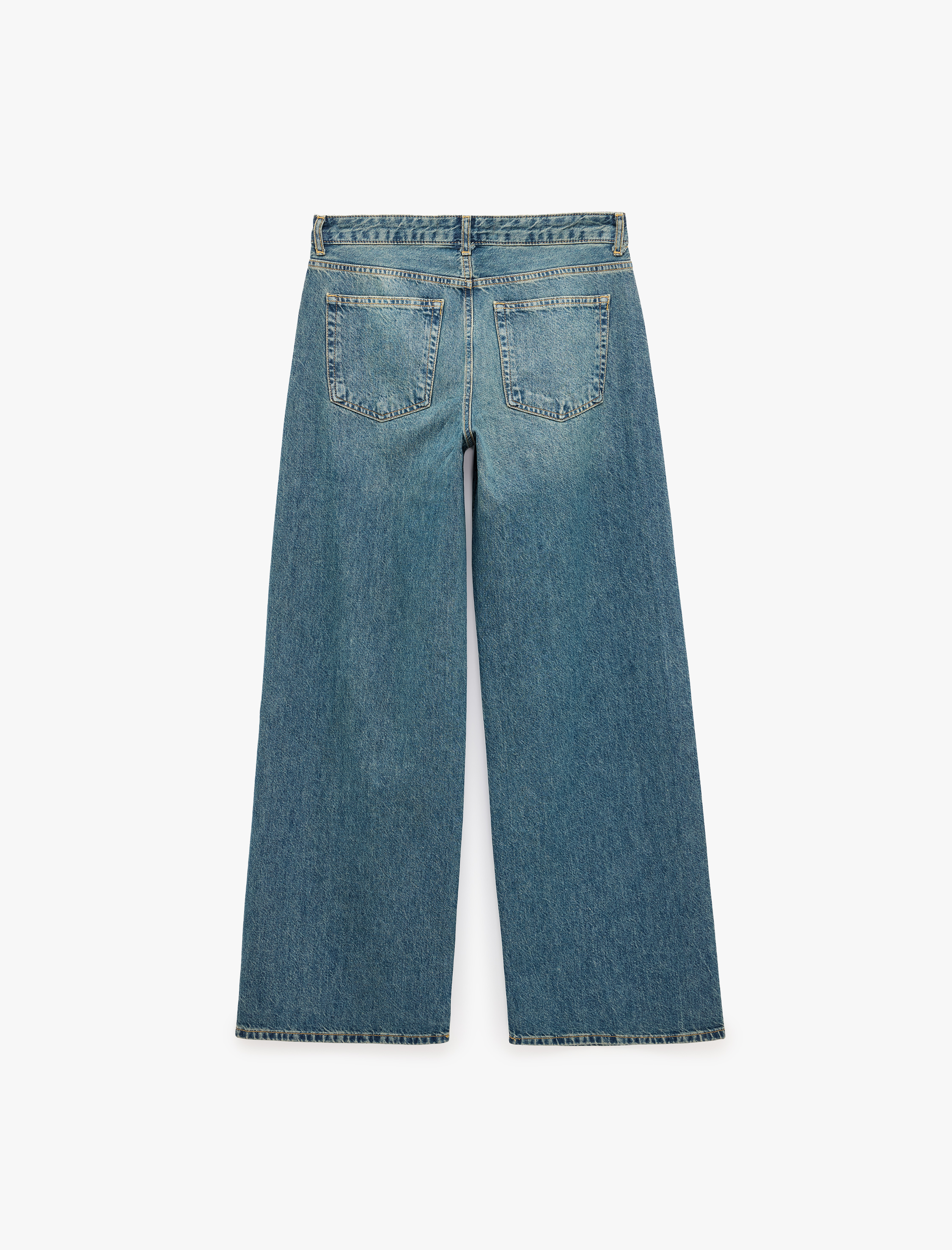   Bol Kesim Pamuklu Cepli Düğmeli Taşlı Denim Pantolon - Loose Straight Fit Jean