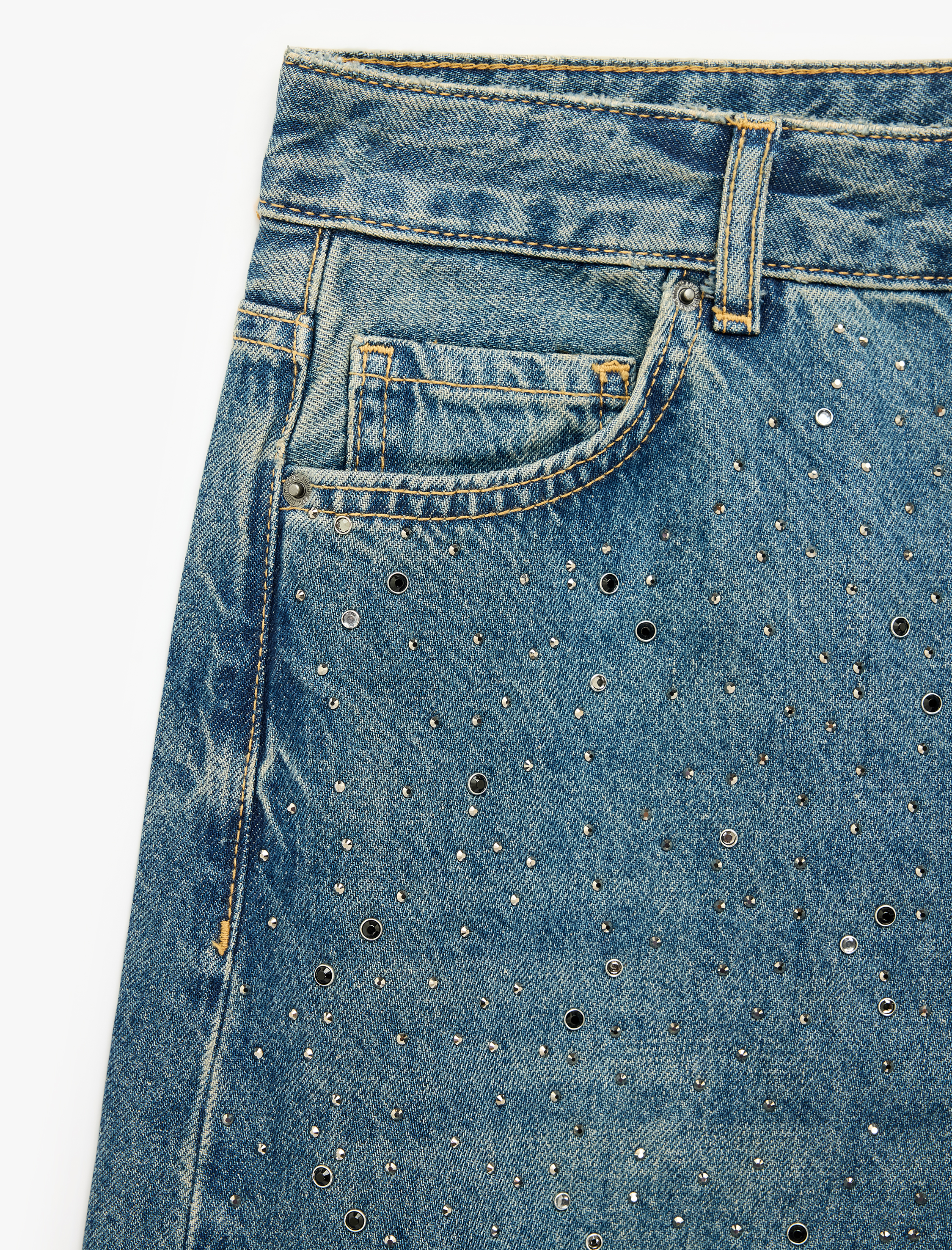   Bol Kesim Pamuklu Cepli Düğmeli Taşlı Denim Pantolon - Loose Straight Fit Jean