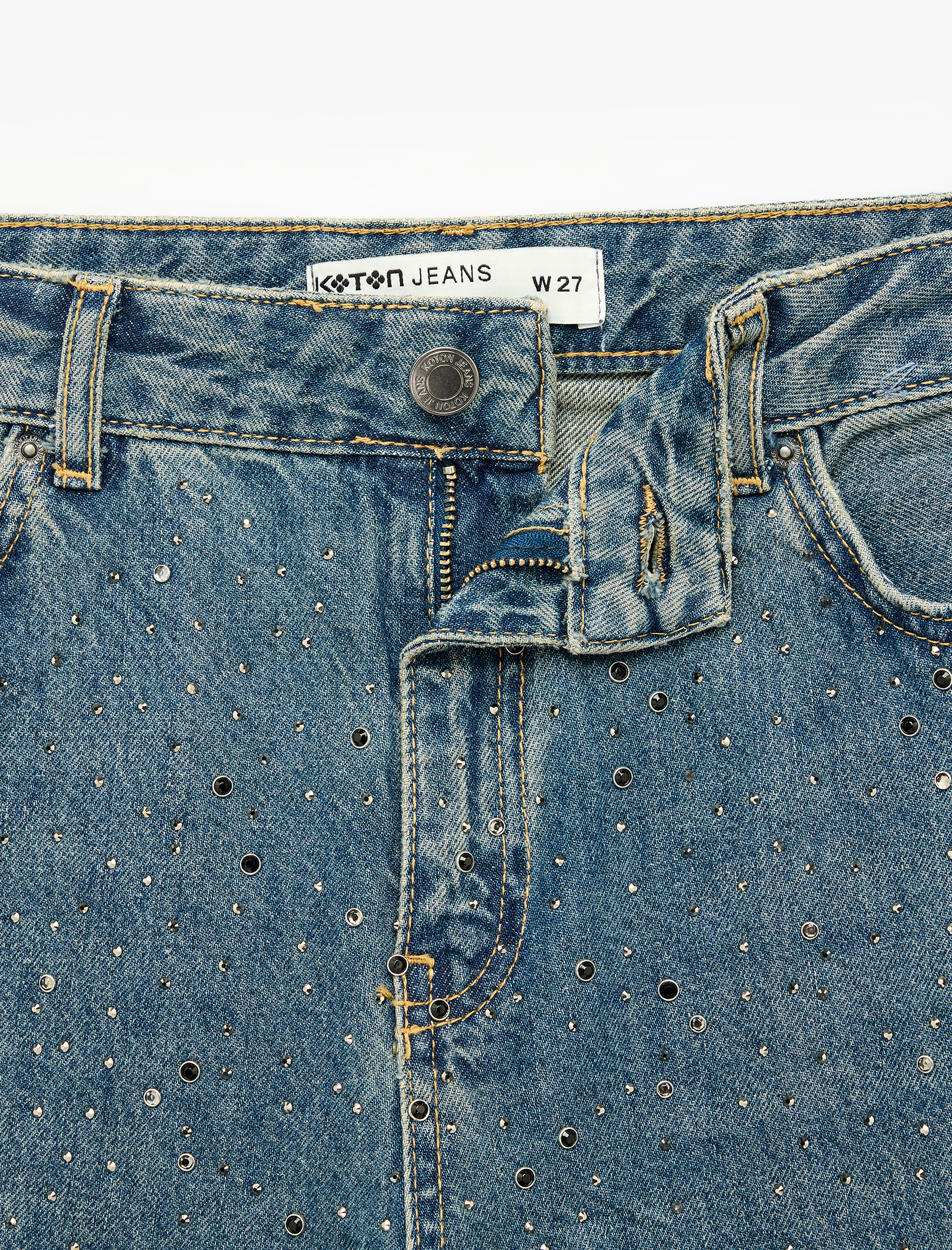   Bol Kesim Pamuklu Cepli Düğmeli Taşlı Denim Pantolon - Loose Straight Fit Jean