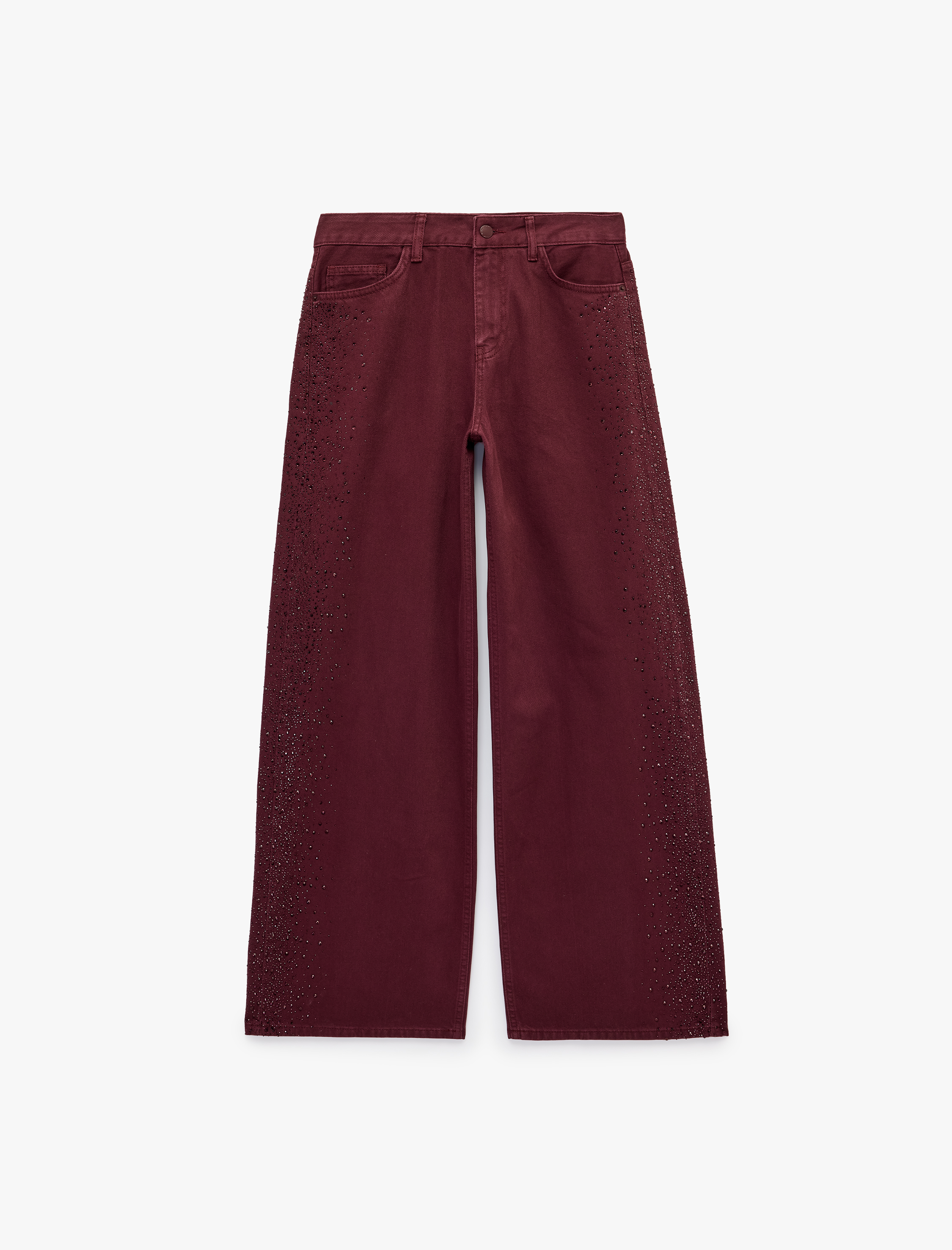   Yüksek Bel Taşlı Bol Paça Düğmeli Cepli Pamuklu Denim Pantolon - Loose Straight Fit Jean