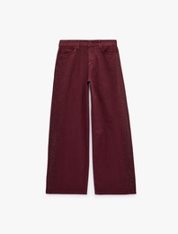 Yüksek Bel Taşlı Bol Paça Düğmeli Cepli Pamuklu Denim Pantolon - Loose Straight Fit Jean