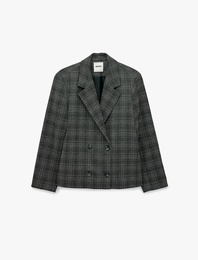 Bol Kesim Uzun Kollu Kruvaze Düğmeli Ekose Blazer Ceket
