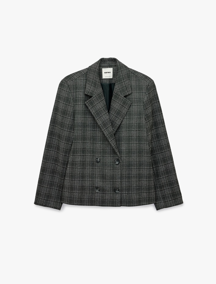  Bol Kesim Uzun Kollu Kruvaze Düğmeli Ekose Blazer Ceket
